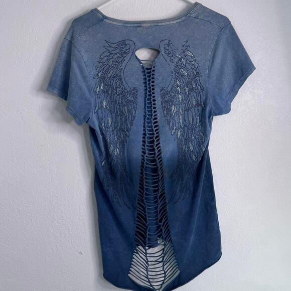 Angel Wings Rhinestone Cutout Tee Blue Distressed Large Y2k  00s Grunge Bling - Picture 6 of 8